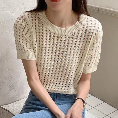 韩国chic夏季减龄糖果色圆领修身显瘦格子镂空设计感短袖针织衫女