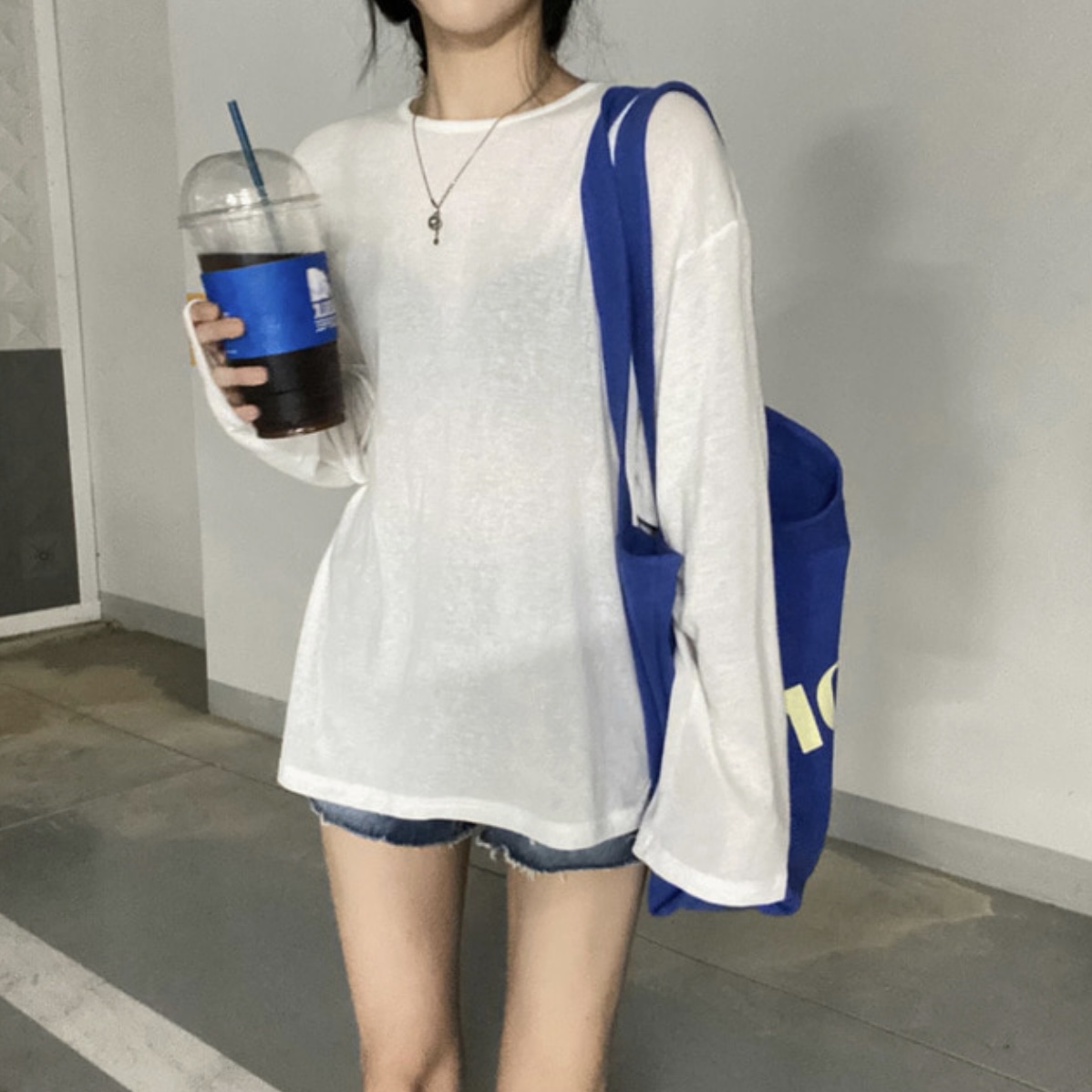 韓國ins百搭純色休閒寬鬆防曬罩衫慵懶針織衫白色T恤寬鬆女