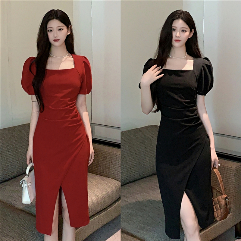 實拍 時尚氣質連衣裙女胖mm2024夏季新款方領泡泡袖顯瘦開叉裙子