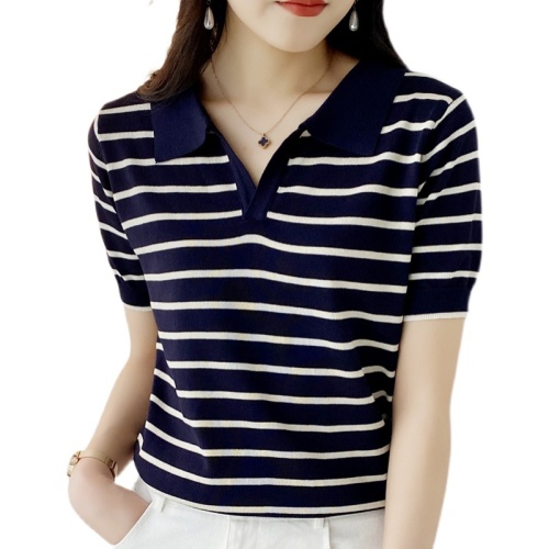 原版领子大板型polo领韩版条纹短袖针织衫女薄款设计感显瘦上衣