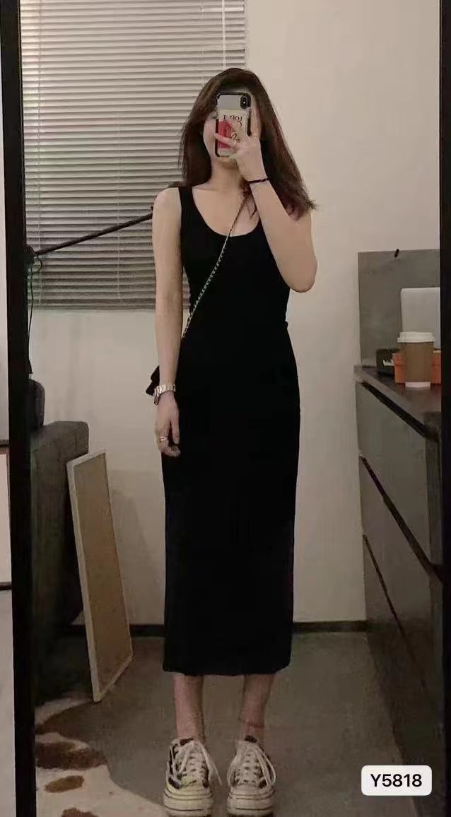 Viiwen 純欲百搭 長款休閒針織顯瘦修身背心連衣裙無袖打底吊帶裙