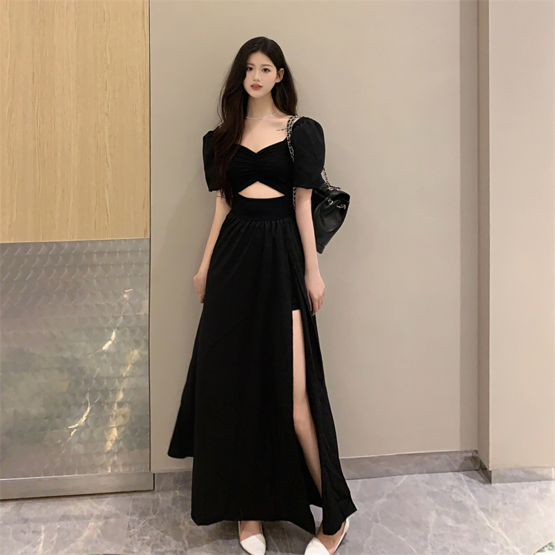 實拍 大碼胖mm法式赫本風連衣裙女設計感黑色短袖開叉長裙子