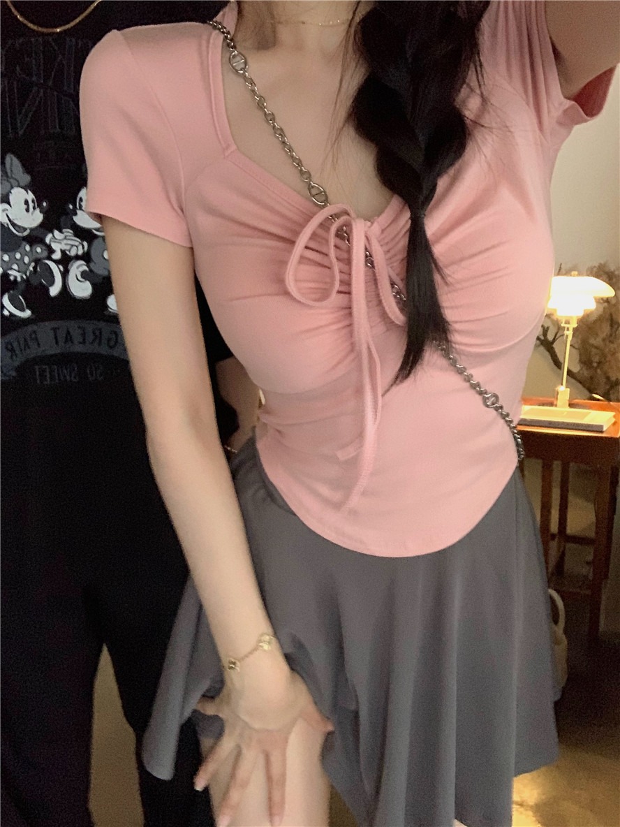 冰絲螺紋 正肩t恤女夏甜辣設計感抽繩v領不規則短款上衣