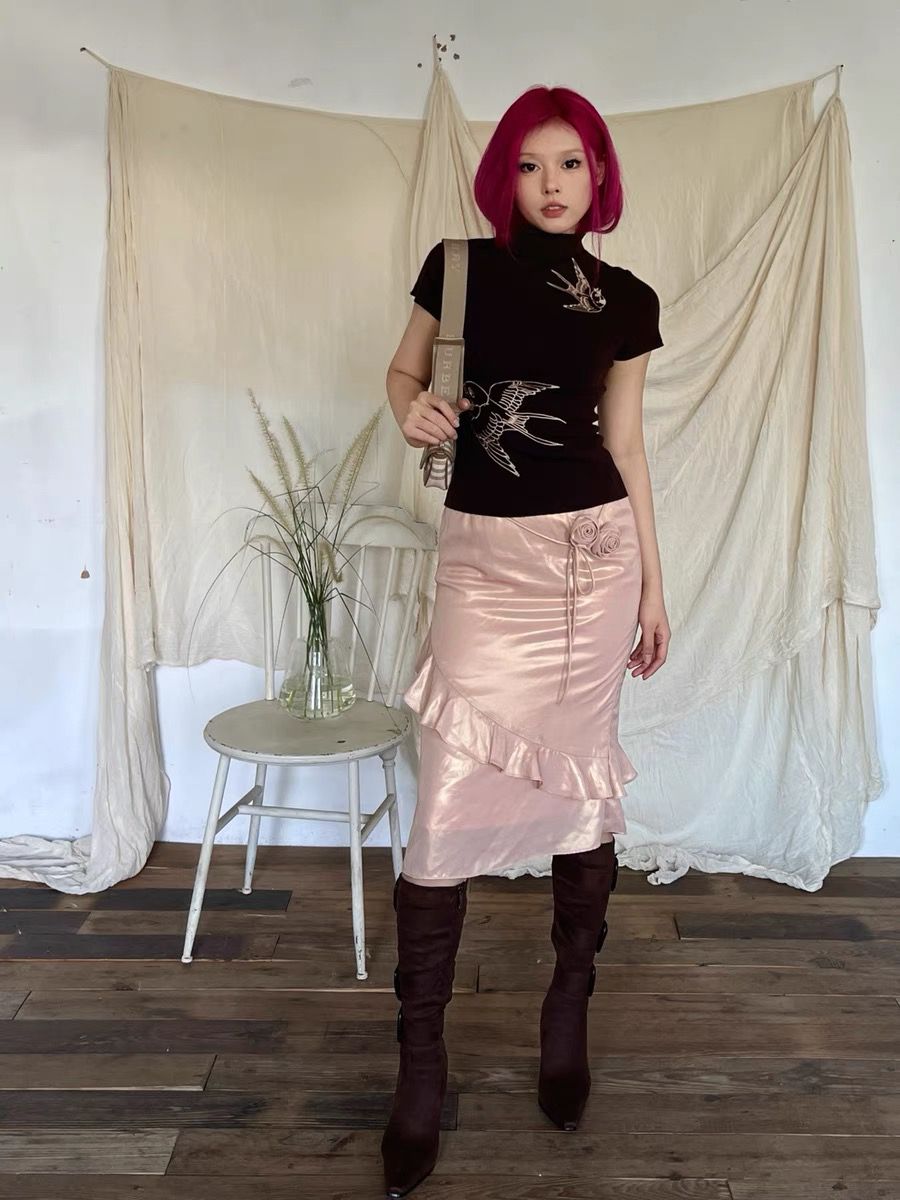 新中式立領短袖T恤衫女雙飛燕刺繡設計感春夏新款修身上衣包芯紗