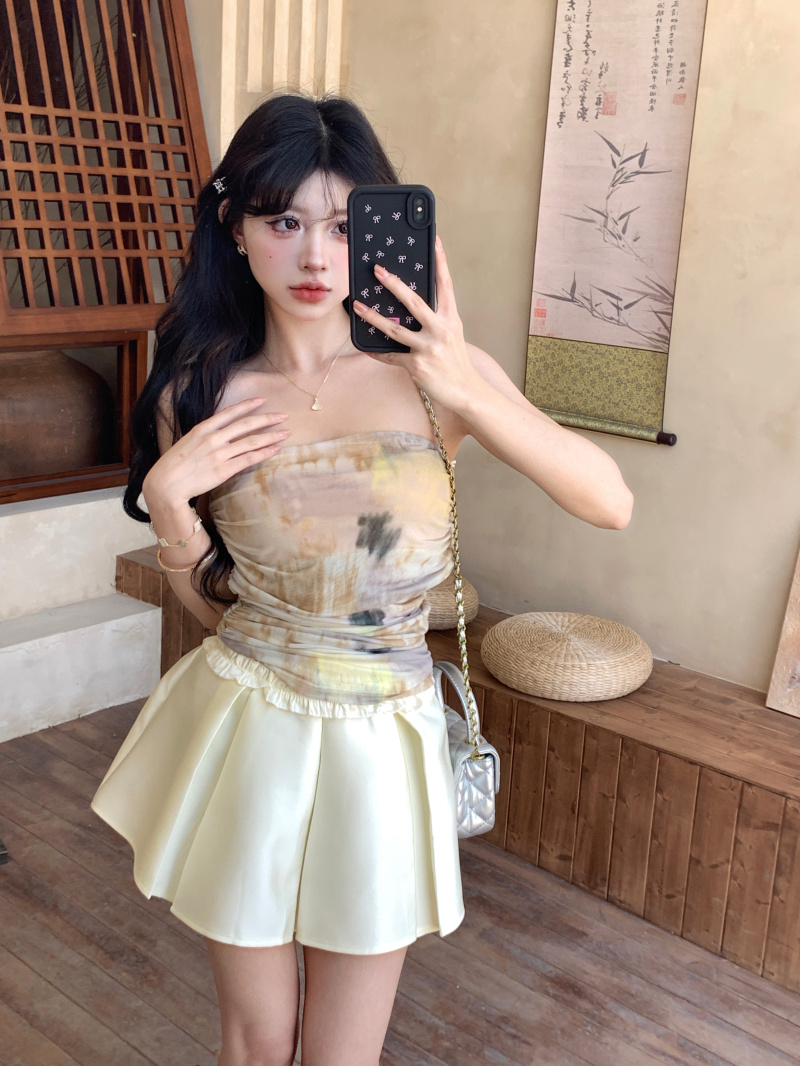 實拍 潑墨暈染網紗彈力修身抹胸背心女甜酷辣妹百褶半身裙