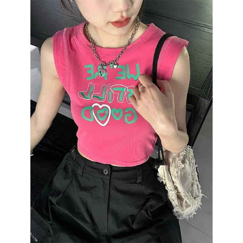玫紅色印花背心甜辣妹風時尚顯瘦內搭無袖短款上衣