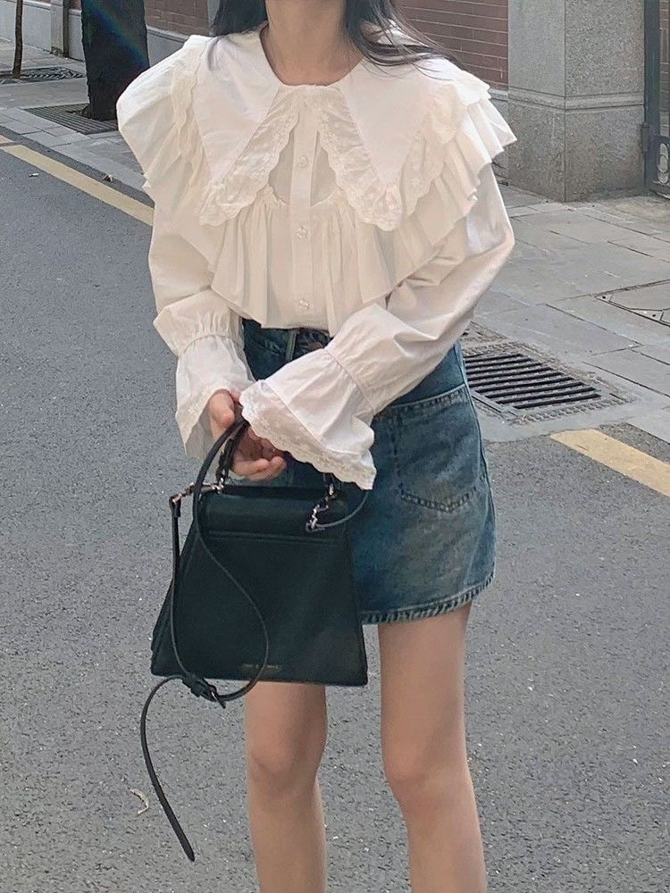 蕾絲花邊娃娃領白色襯衫春秋季2024新款設計感小眾襯衣慵懶風上衣