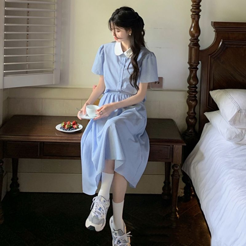 法式兩件套新款韓小清新穿搭娃娃領條紋襯衫裙子夏季半身裙女套裝