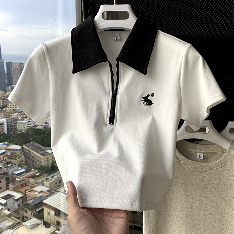 純棉後包條200克精梳緊密 新款短袖t恤女刺繡POLO領 天貓質量