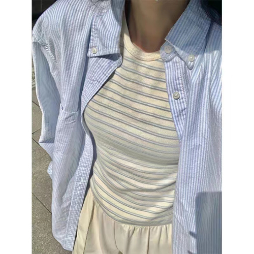 35棉蓝色条纹休闲衬衫女2024夏季新款小众长袖防晒衬衣