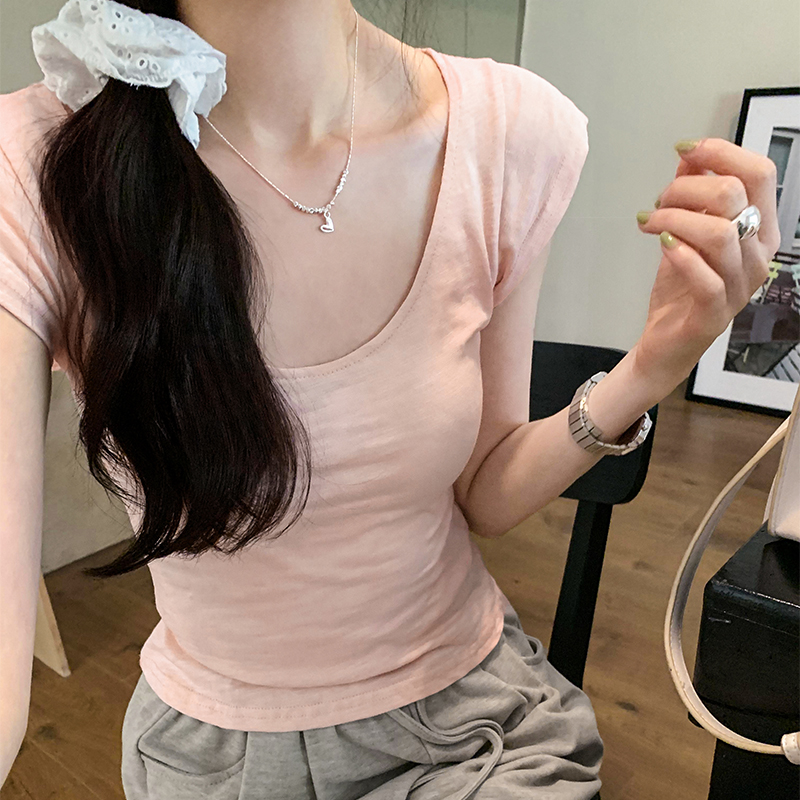 實拍圖低圓領短袖T恤女2024早春新款U領竹節棉修身顯瘦百搭打底衫
