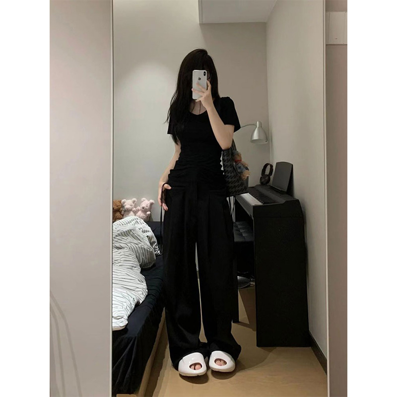 美式辣妹V領黑色短袖t恤女夏季純棉正肩緊身修身顯瘦內搭打底上衣