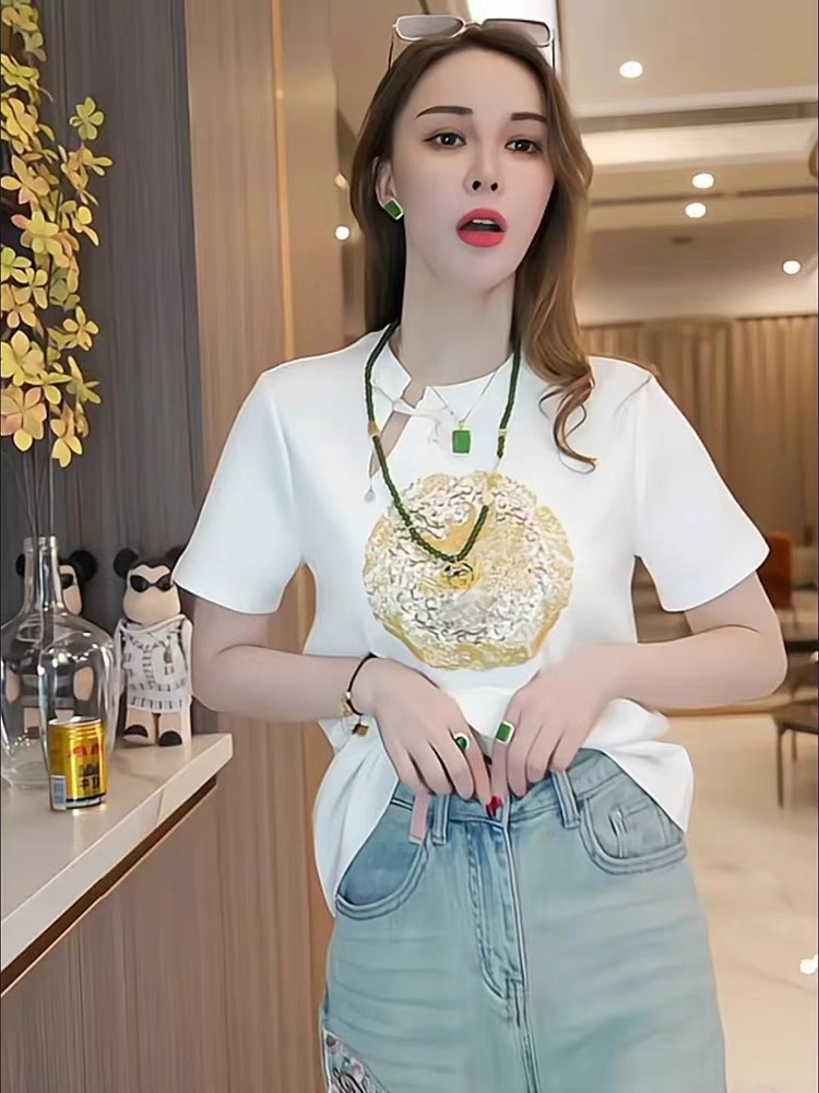 新中式盤扣白色短袖T恤女2024夏季新款洋氣繡花半袖上衣寬鬆體恤