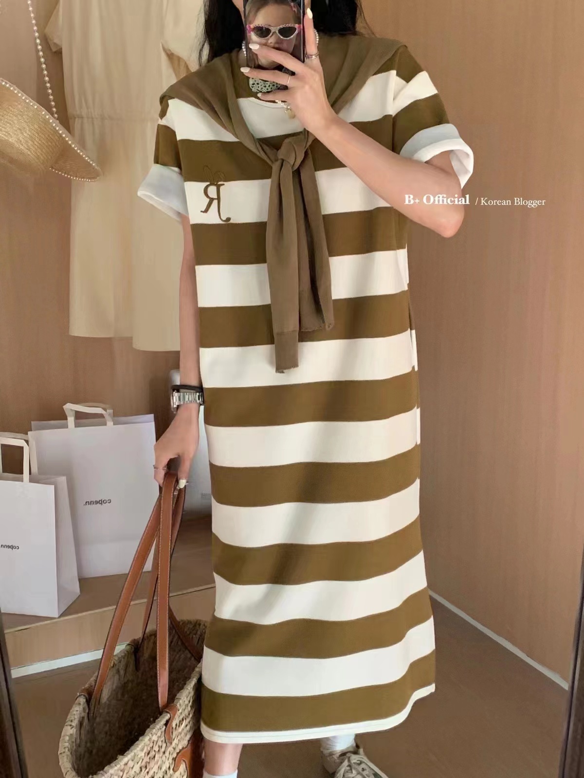 撞色條紋連衣裙女夏裝中長款懶人裙休閒短袖T恤裙披肩兩件套