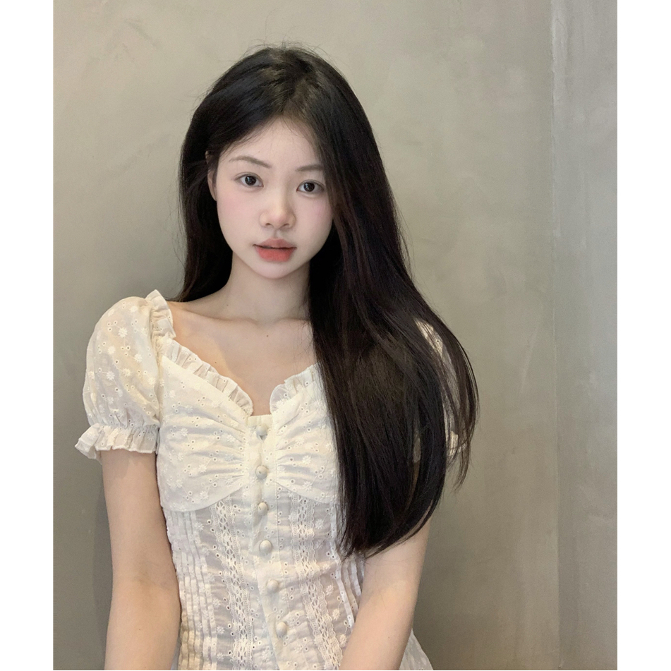 宮廷風小個子溫柔蕾絲泡泡袖襯衣女修身顯瘦短袖襯衫甜美上衣