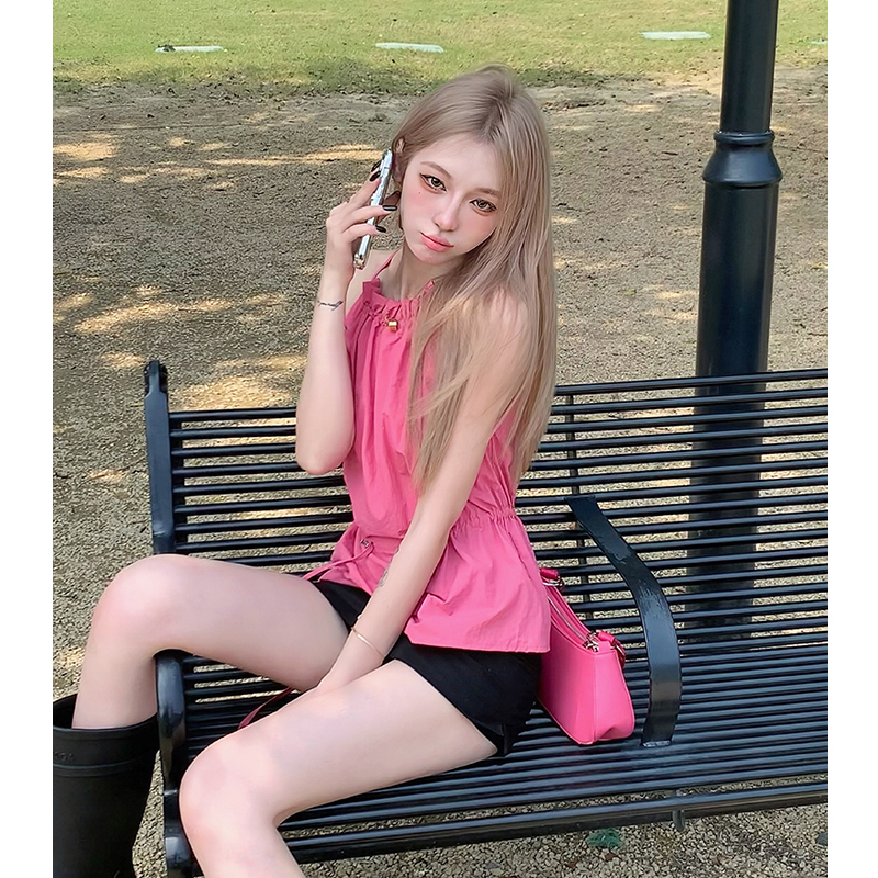 莫欣欣 粉色吊帶小背心女夏外穿設計感小眾抽繩掛脖無袖辣妹上衣