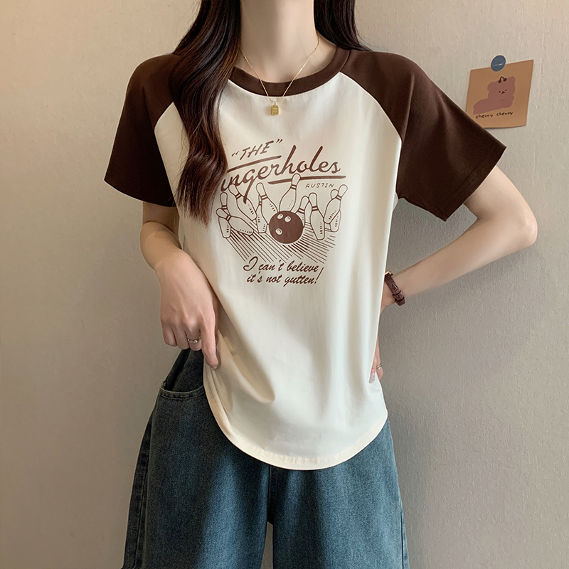 實拍大碼女裝夏新款設計感撞色拼接正肩T恤寬鬆百搭顯瘦短袖