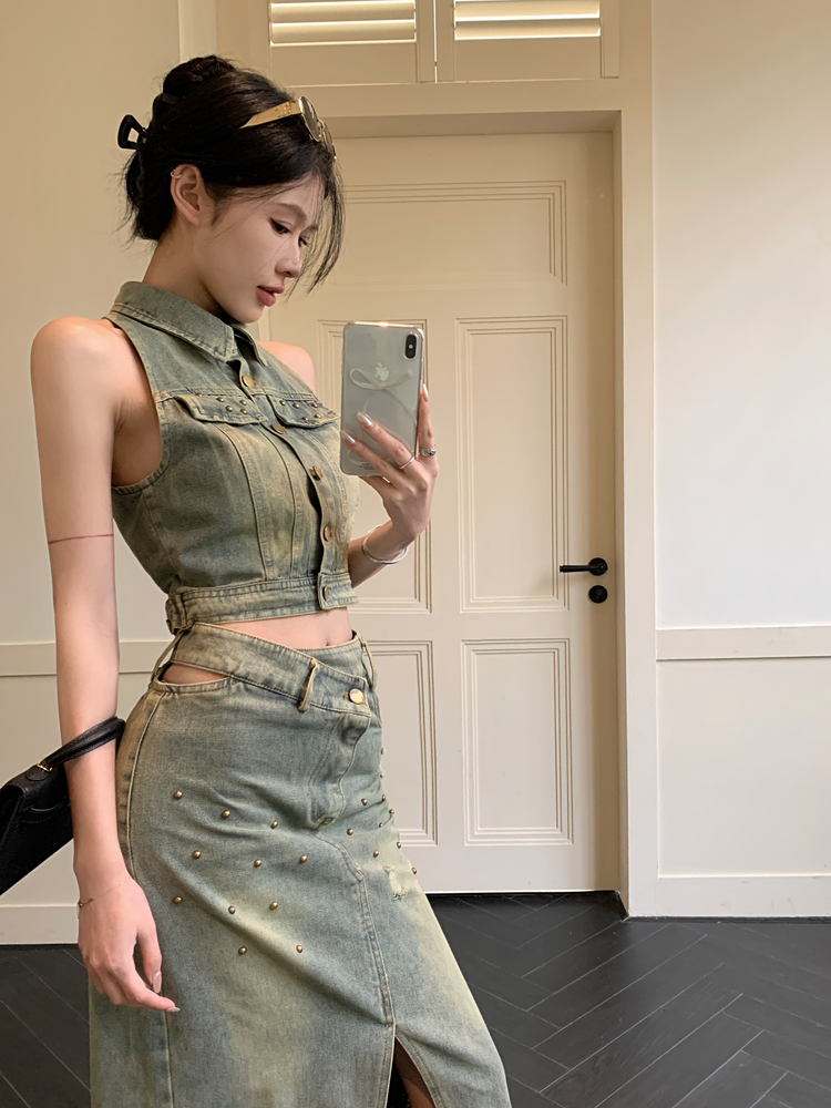 實拍復古牛仔套裝辣妹掛脖背心高腰開叉長裙女修身收腰兩件套