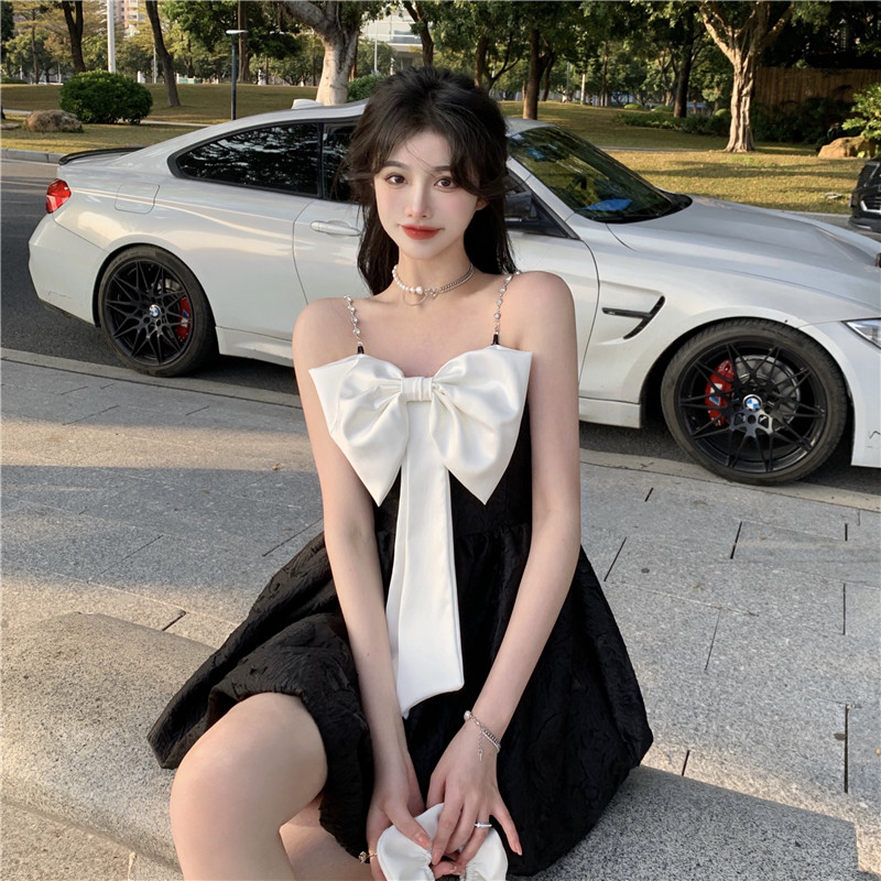 實拍~甜美蝴蝶結小個子立體提花設計感時尚百搭吊帶連衣裙