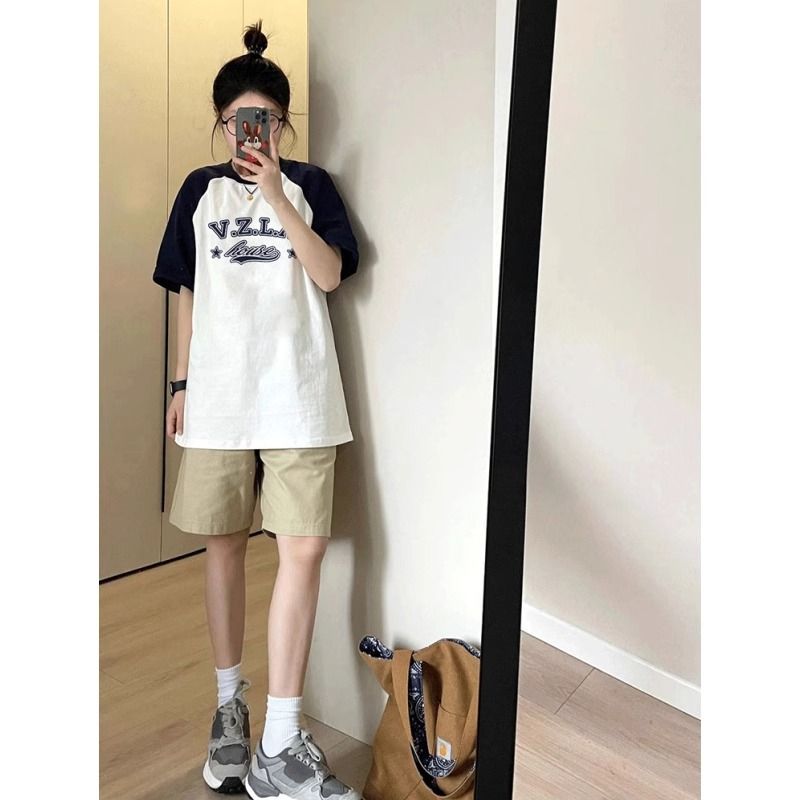 河北220g插肩袖100%棉 撞色拼色空白版短袖T恤女純棉M-3XL