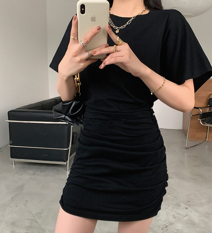 褶皺包臀短袖短款連衣裙子女夏性感收腰顯瘦緊身氣質辣妹半身裙子