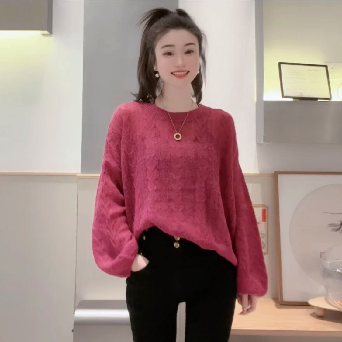 海卓服飾早春圓領百搭寬鬆長袖慵懶風麻花針織衫女