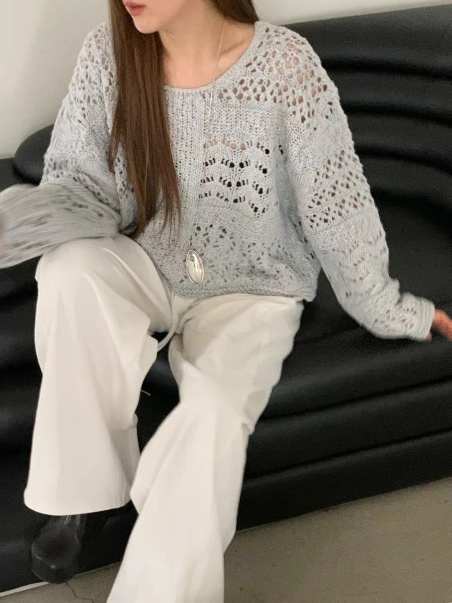 薄款鏤空長袖針織衫女裝新款慵懶風設計感外穿防曬罩衫上衣潮