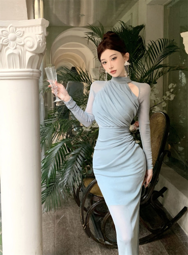 Real shot of slim-fitting hip-hugging long skirt for spring, new design hollow pleated mesh dress