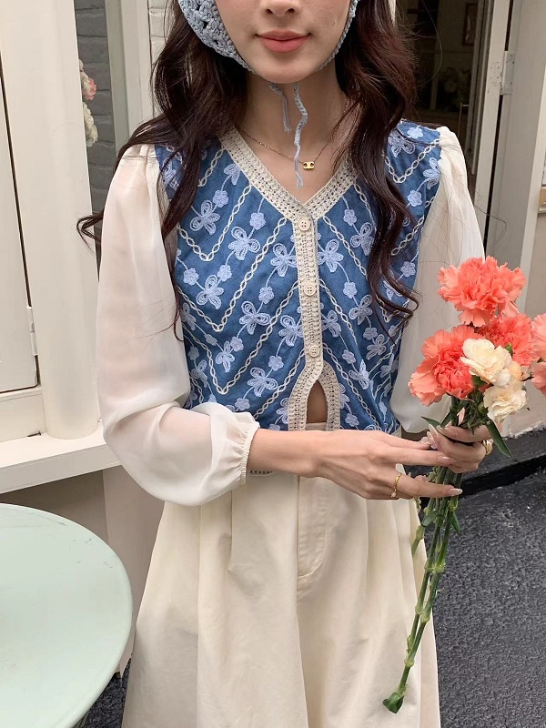 法式v領新款國風碎花開衫春夏仿件仔拼接雪紡襯衫長袖超好看上衣