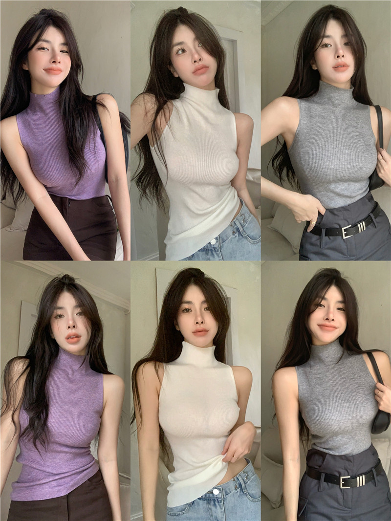 辣妹高領針織吊帶背心女夏季無袖工字彈力性感修身顯瘦打底衫上衣
