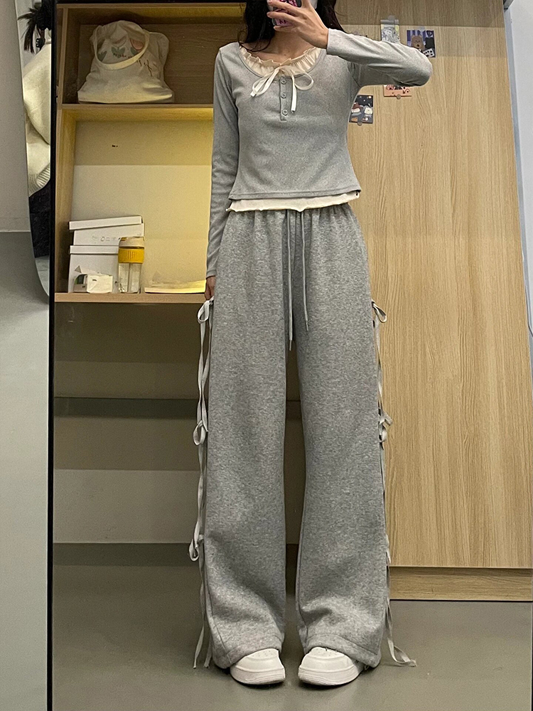 蝴蝶結綁帶運動褲女春秋2024新款灰色設計感小個子休閒闊腿褲衛褲