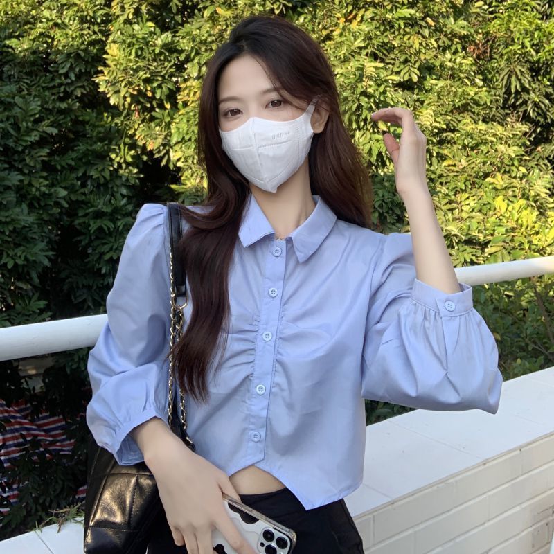 短款襯衣女白色襯衫女春秋新款韓版設計感褶皺學院風減齡純欲上衣