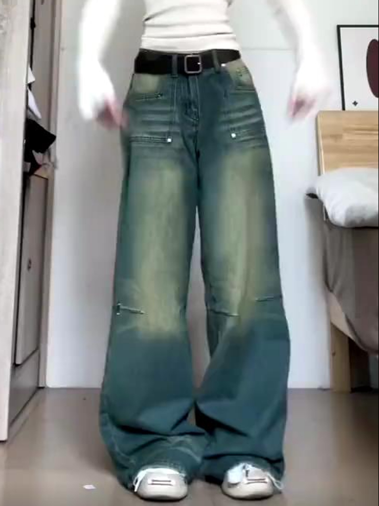 美式復古水洗做舊牛仔褲女設計感高腰寬鬆顯瘦墜感休閒拖地褲