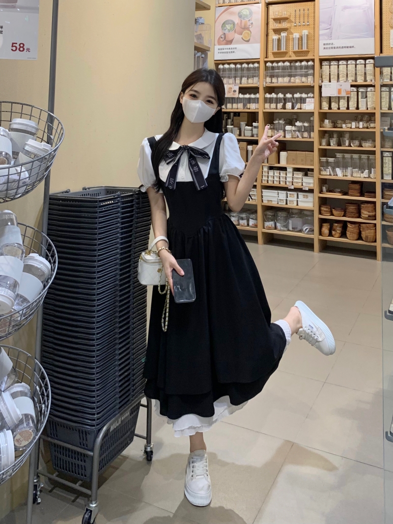 大碼女裝學院風韓版假兩件連衣裙女夏季收腰日系甜美娃娃領小黑裙