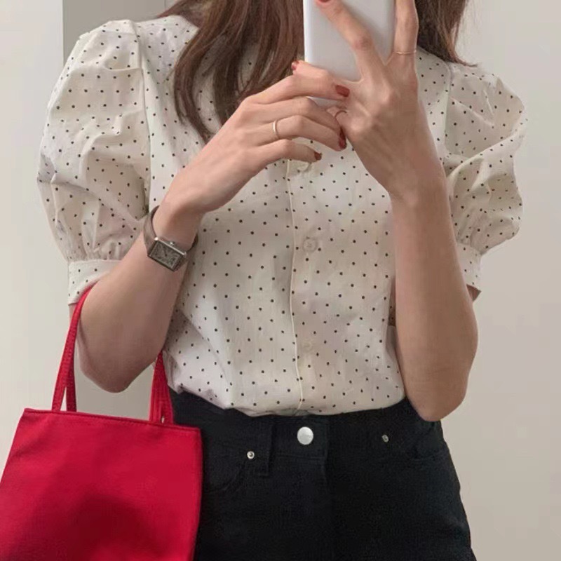 春夏韓版新款氣質百搭波點圓領顯瘦短袖t恤