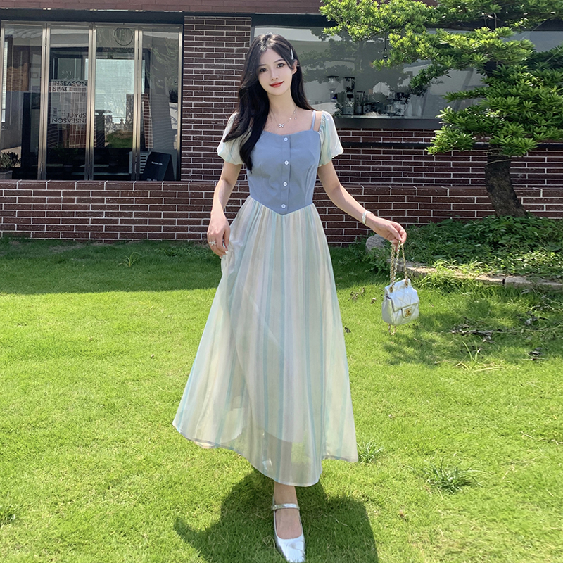 實拍~2024大碼女裝胖MM溫柔風假兩件泡泡袖連衣裙設計感收腰長裙