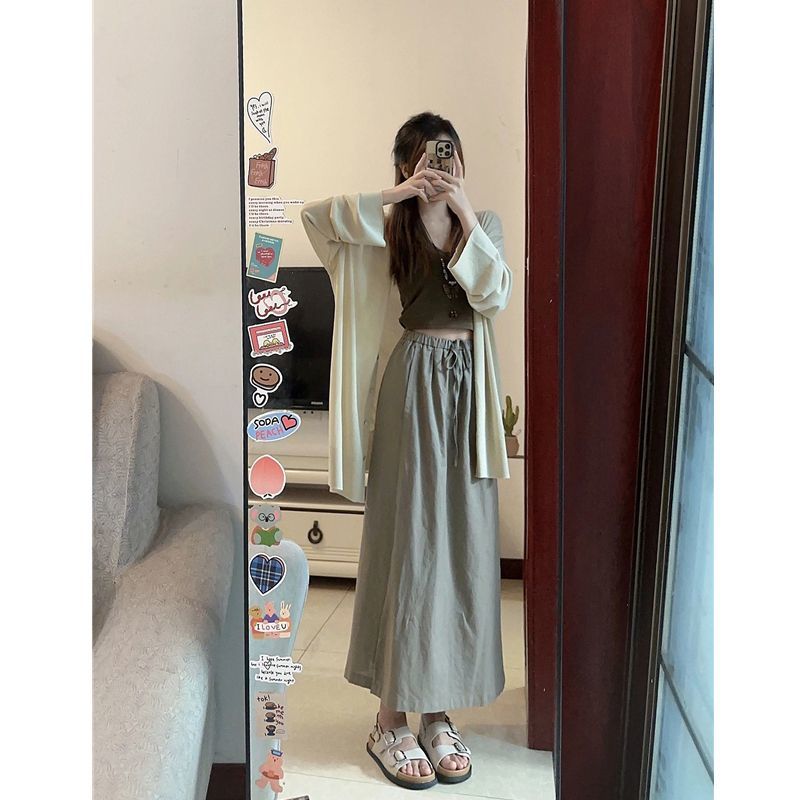 小個子防曬針織開衫新中式三件套掛脖背心半身裙禪意咖色套裝女夏
