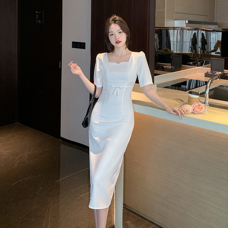 實拍  法式復古氣質簡約訂珠連衣裙女2024夏季短袖平時可穿