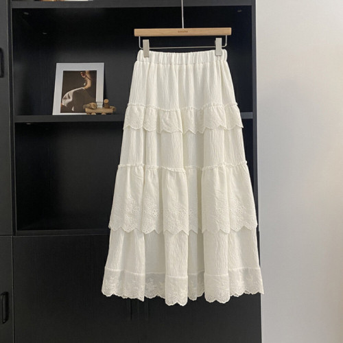 White Lace Cake Dress for Women, Elastic High-Waist Hip-Hiding Slimming Loose and Versatile Medium-Length Skirt - Korean Version