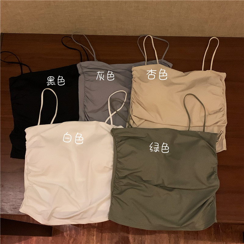 實拍價  辣妹褶皺純欲短款帶胸墊吊帶背心內搭外穿上衣