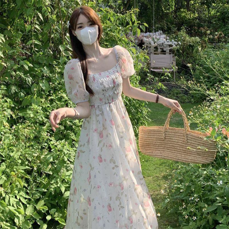 韓國夏季新款小香女碎花名媛一字領泡泡短袖鬆緊腰碎花顯瘦連衣裙