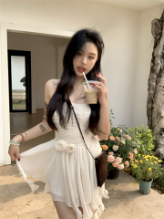 Real shot ~ Tipsy Sweet Tea Heavy Industry Tube Top Dress Women's Waist Slimming A-Line Short Skirt with Detachable Flowers