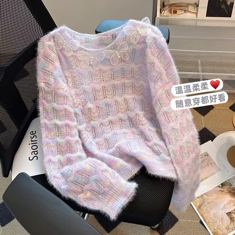 慵懶風蝴蝶結漸變針織衫女春季新款寬鬆洋氣鏤空套頭毛衣外穿