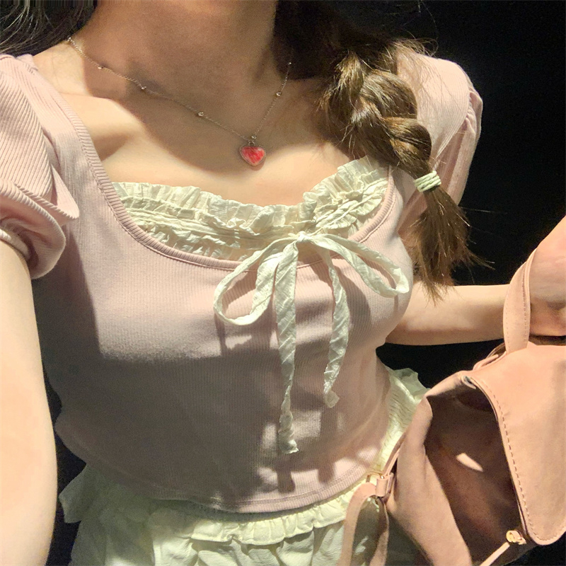 芭蕾風方領短袖t恤女夏季2024年新款設計感小眾修身短款百搭上衣