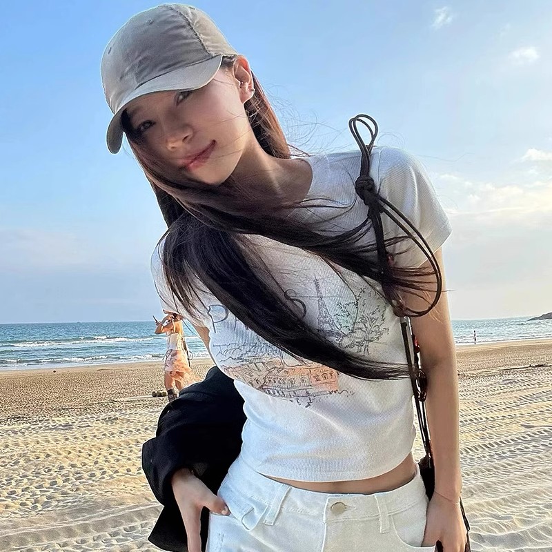 1*1純棉 高彈力新款純棉短袖t恤修身顯瘦短款搭配高腰褲上衣