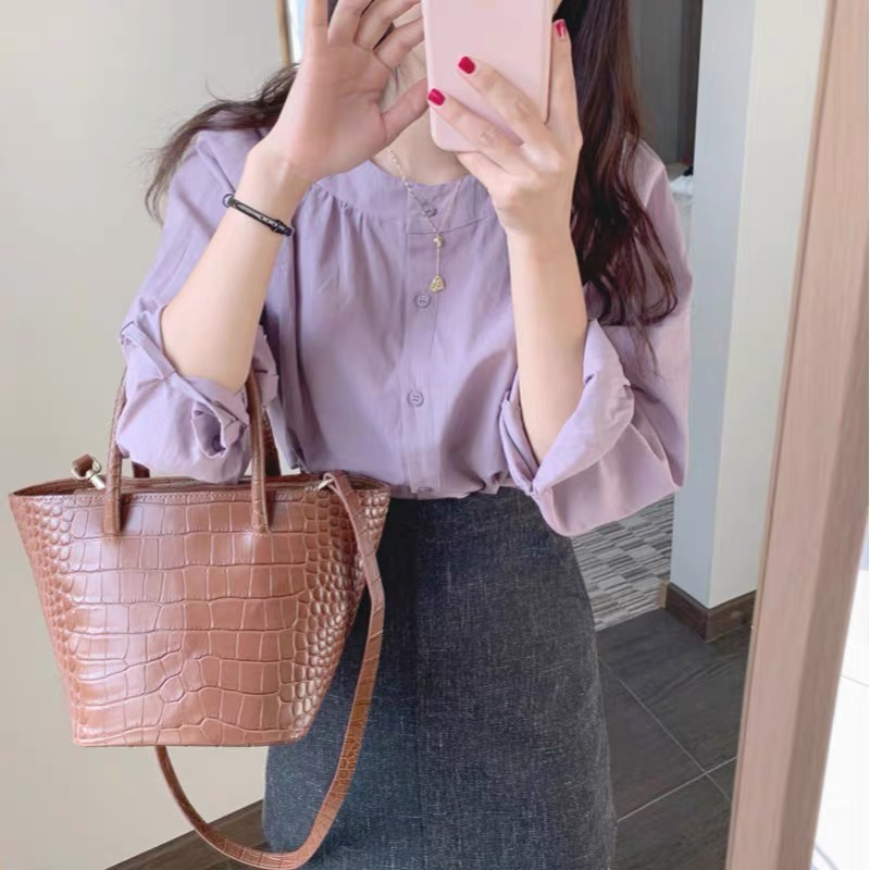 2024春秋氣質圓領單排扣長袖襯衫女秋季新款鹽系襯衣溫柔紫色上衣