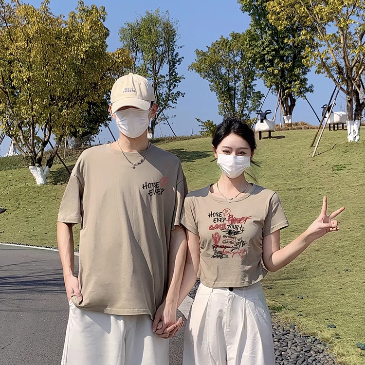 情侶裝短袖T恤夏季2024高級感套裝不一樣的短款新款潮牌一長一短
