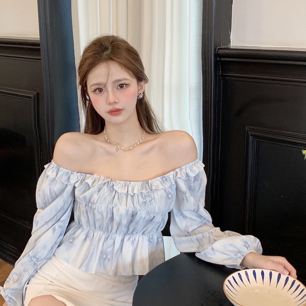 實拍 方領碎花短款長袖襯衫女秋韓版顯瘦設計感低領氣質上衣