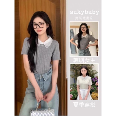 灰色娃娃領正肩短袖t恤女夏季設計感小眾修身超好看短款針織上衣