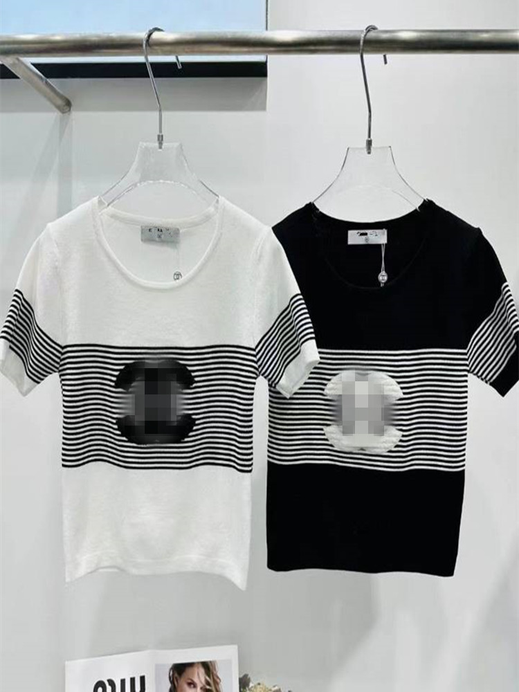 2024夏季新款小香風撞色條紋Logo毛巾刺繡圓領套頭短袖寬鬆上衣